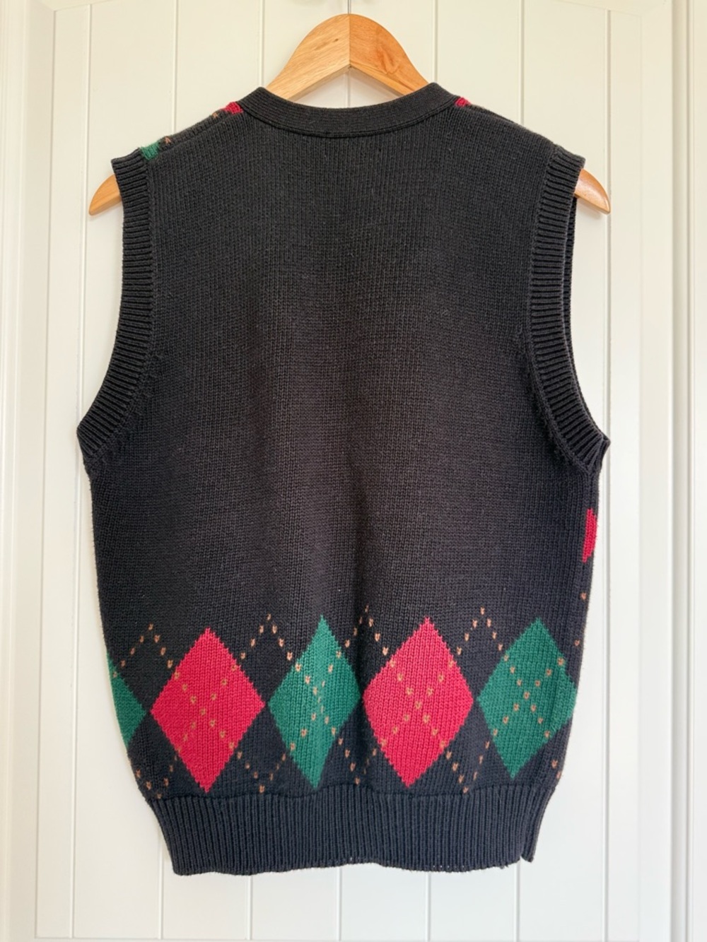 Vintage Lands End Argyle Sweater Vest Button Front Knit Black Red Green Large - Picture 4 of 7